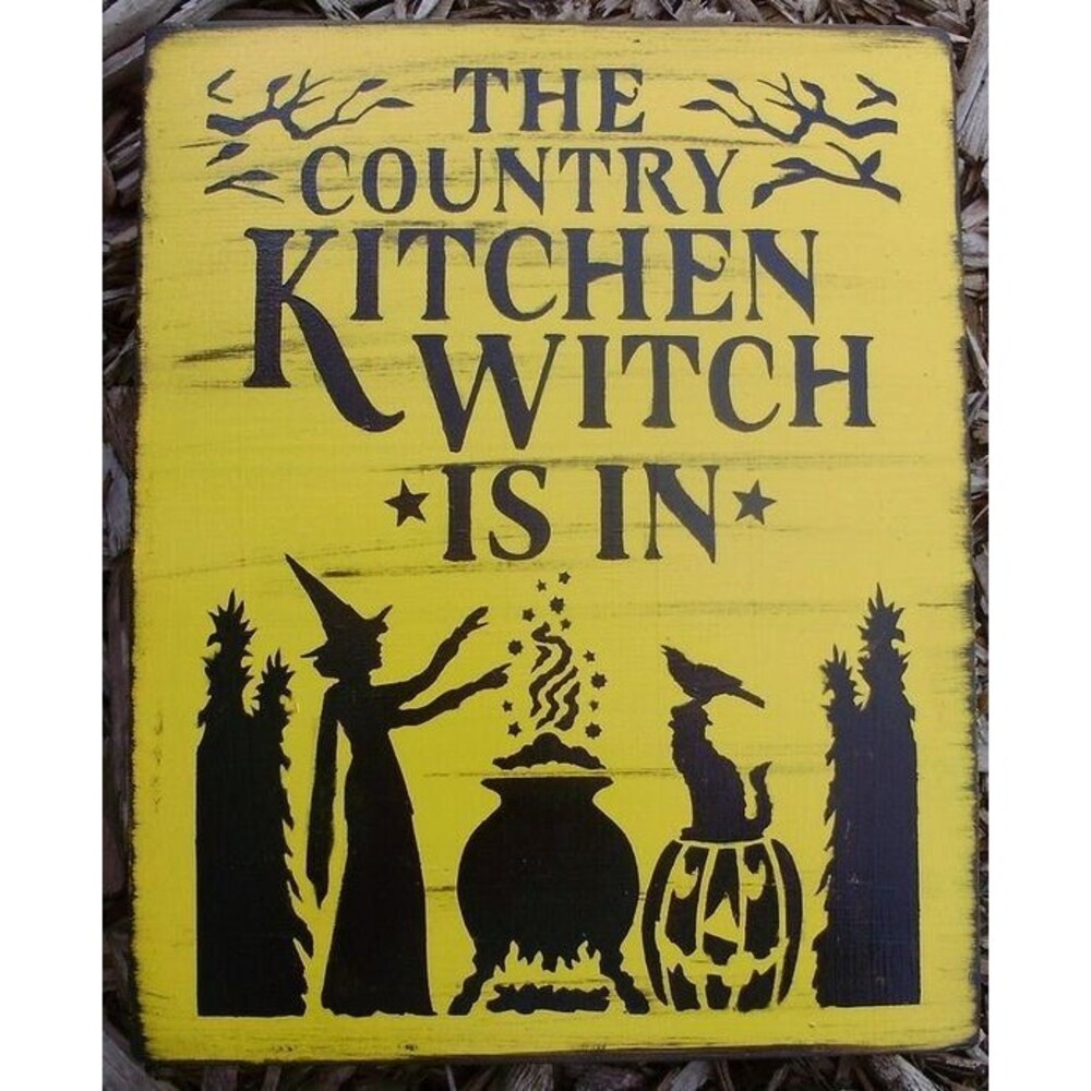 Witchcraft Primitive Country Kitchen Witch Is In sign cozy halloween decor cats
